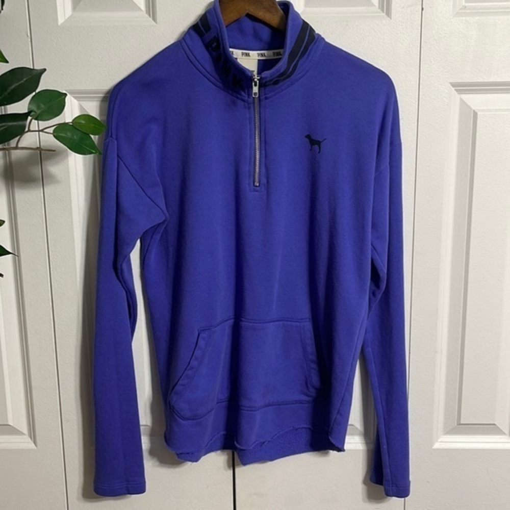 PINK Small Quarter Zip Sweatshirt Women Purple Excellent Raw Hem Mock Neck Logo